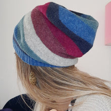Load image into Gallery viewer, 100% Lambswool Blue, Maroon and Beige Stripe Long Slouchie Hat