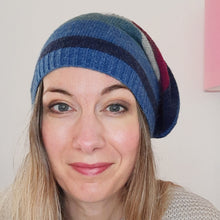 Load image into Gallery viewer, 100% Lambswool Blue, Maroon and Beige Stripe Long Slouchie Hat