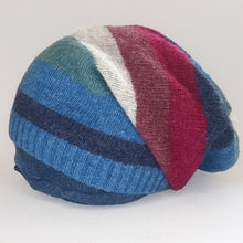 Load image into Gallery viewer, 100% Lambswool Blue, Maroon and Beige Stripe Long Slouchie Hat