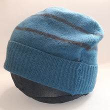 Load image into Gallery viewer, 100% Lambswool Blue and Navy Stripe Beanie Hat