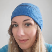 Load image into Gallery viewer, 100% Lambswool Blue and Navy Stripe Beanie Hat