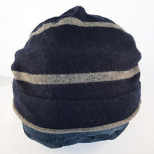 Load image into Gallery viewer, 100% Cashmere and Lambswool Navy Blue and Grey Stripe Beanie Hat