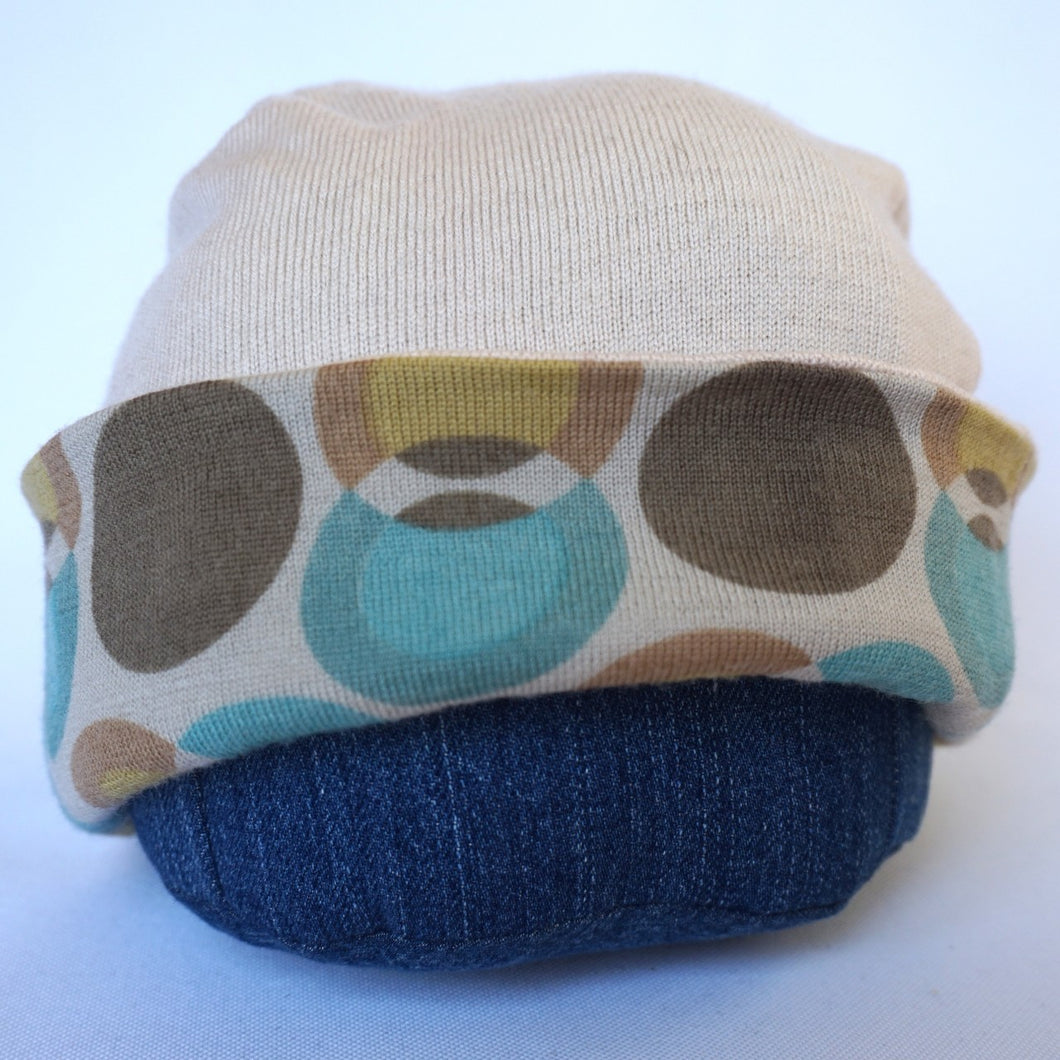 100% Beige Multi Coloured Lambswool Reversible Slouchie Hat