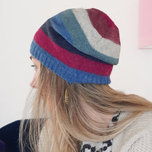 Load image into Gallery viewer, 100% Lambswool Blue, Maroon and Beige Stripe Slouchie Hat