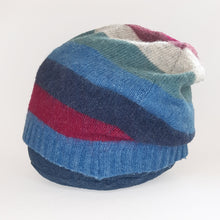 Load image into Gallery viewer, 100% Lambswool Blue, Maroon and Beige Stripe Slouchie Hat