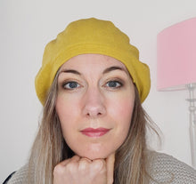 Load image into Gallery viewer, 100% Cashmere Yellow Beret Handcrafted Upcycled Hat