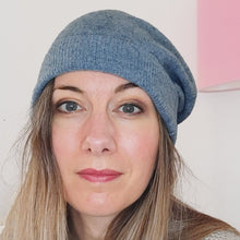 Load image into Gallery viewer, 100% Lambswool Blue Marl Longer Slouchie Hat
