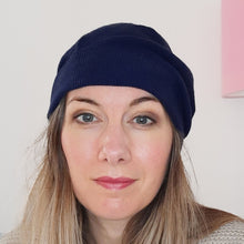 Load image into Gallery viewer, 100% Cashmere and Lambswool Navy Blue Slouchie Hat
