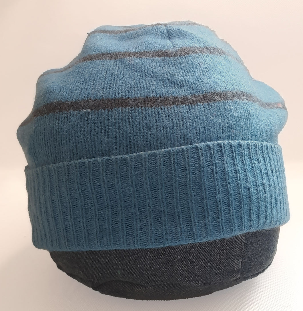 100% Lambswool Blue and Navy Stripe Beanie Hat