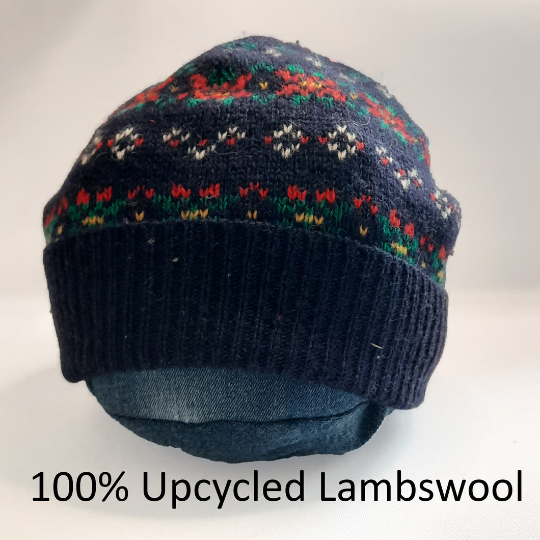 100% Lambswool Navy Fair Isle Beanie Hat