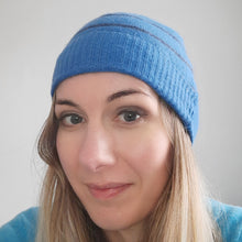 Load image into Gallery viewer, 100% Lambswool Blue and Navy Stripe Beanie Hat
