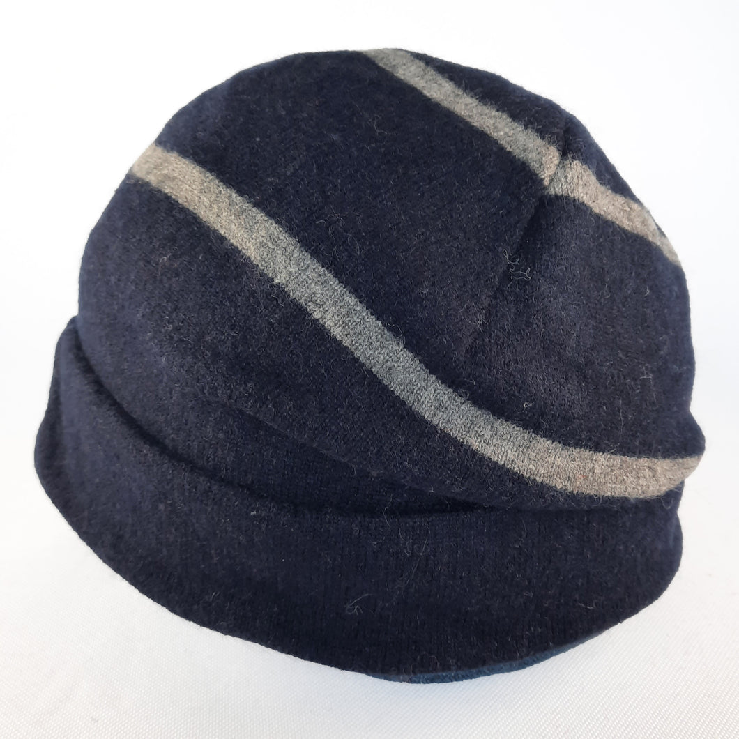 100% Cashmere and Lambswool Navy Blue and Grey Stripe Beanie Hat