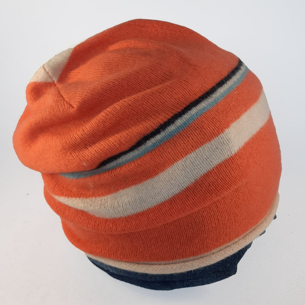 100% Cashmere Orange and Cream Stripe Slouchie Hat