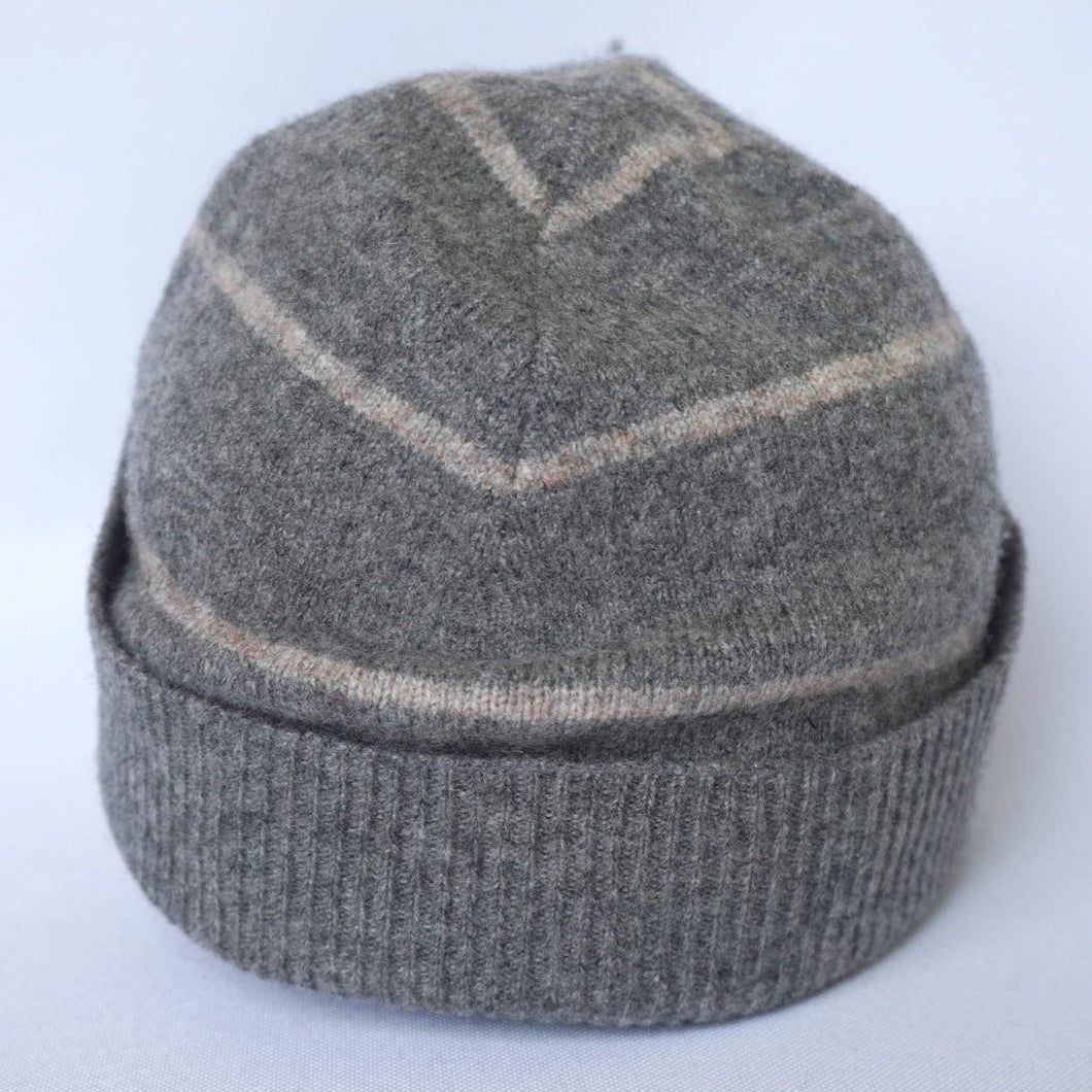 100% Lambswool Grey and Beige Stripe Slouchie Hat