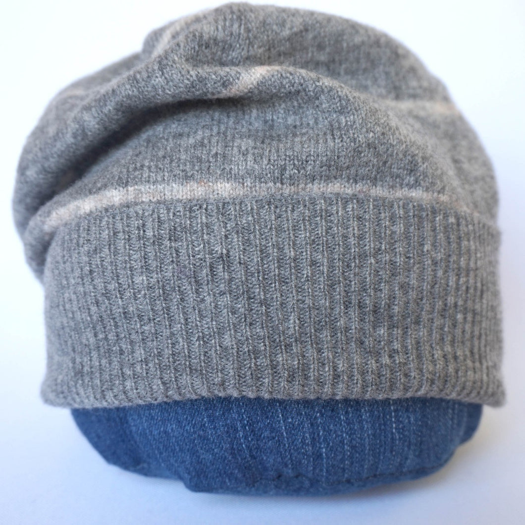 100% Lambswool Grey and Beige Strip Slouchie Hat