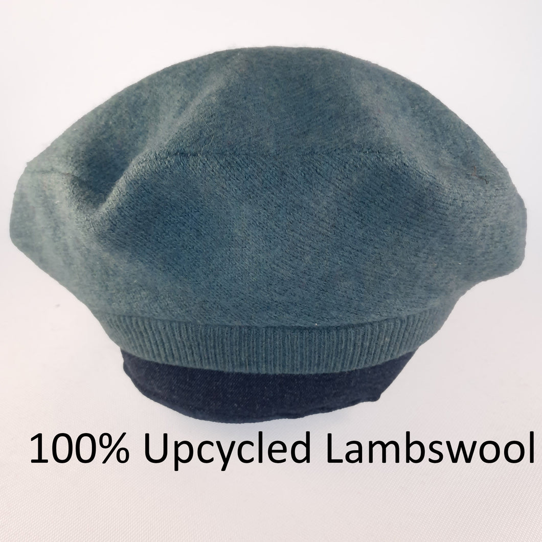 100% Lambswool Stormy Green Blue Beret Hat