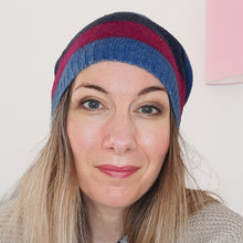Load image into Gallery viewer, 100% Lambswool Blue, Maroon and Beige Stripe Slouchie Hat
